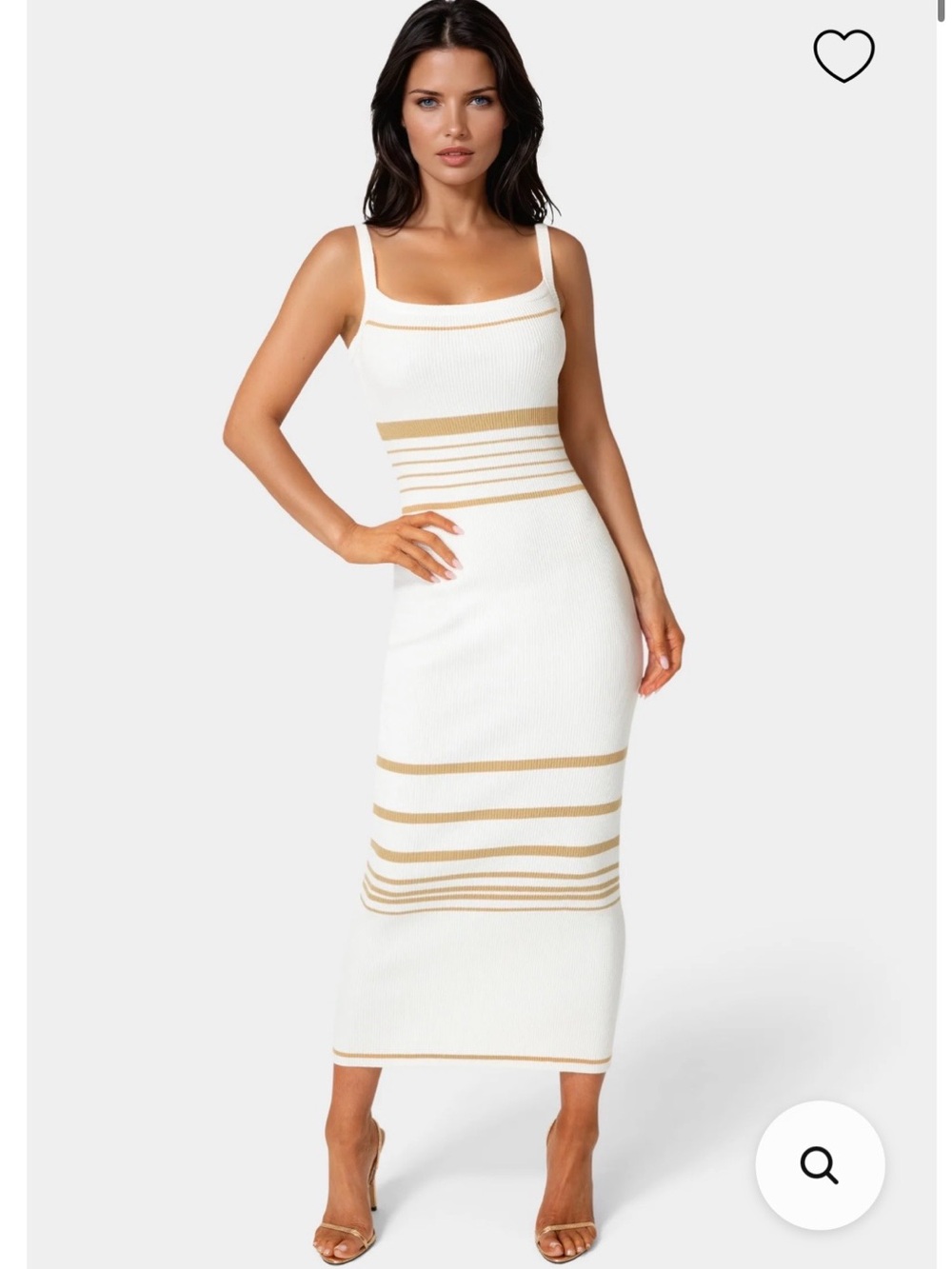 Bodycon White & Tan Striped Knit Tank Midi Dress